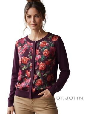 ST. JOHN new Silk Floral Cashmere Wool Plum Cardigan - size P